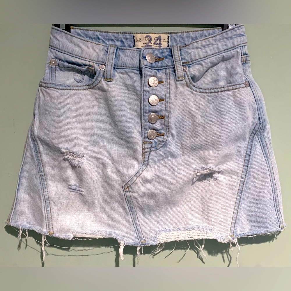 We The Free Button Fly Distressed Denim Mini Skirt